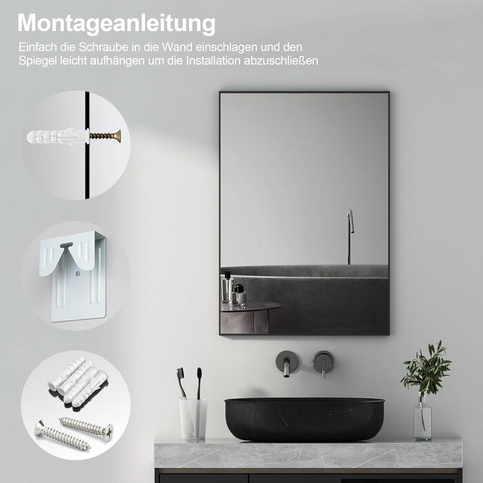 Дзеркало для ванної кімнати Spiegel Schwarz 40x60 см з металевим каркасом, прямокутне, для ванної, вітальні, спальні, гостьової кімнати
