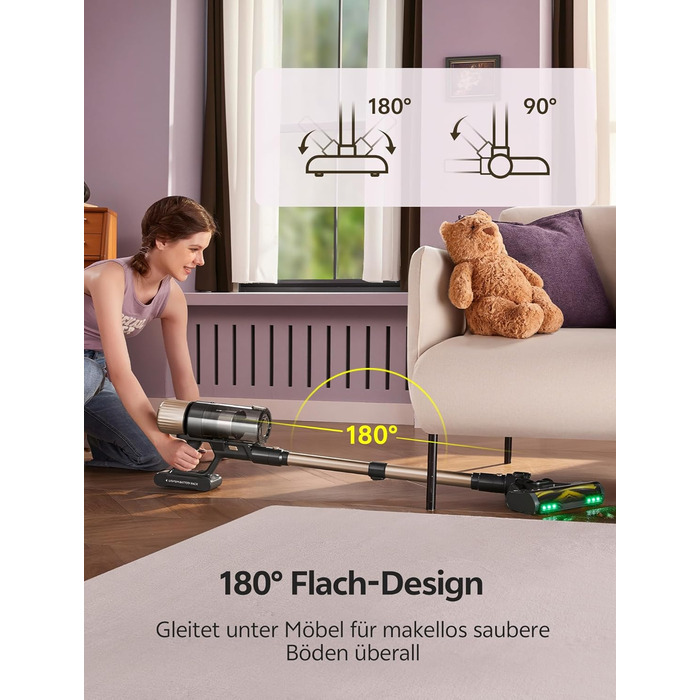 Бездротовий пилосос Ultenic з акумулятором, 50000Pa, 65 хв роботи, GreenEye, телескопічна труба, 6-ступенева фільтрація, антизаплутувальна щітка, для шерсті тварин/килимів/твердих поверхонь, колір шампань