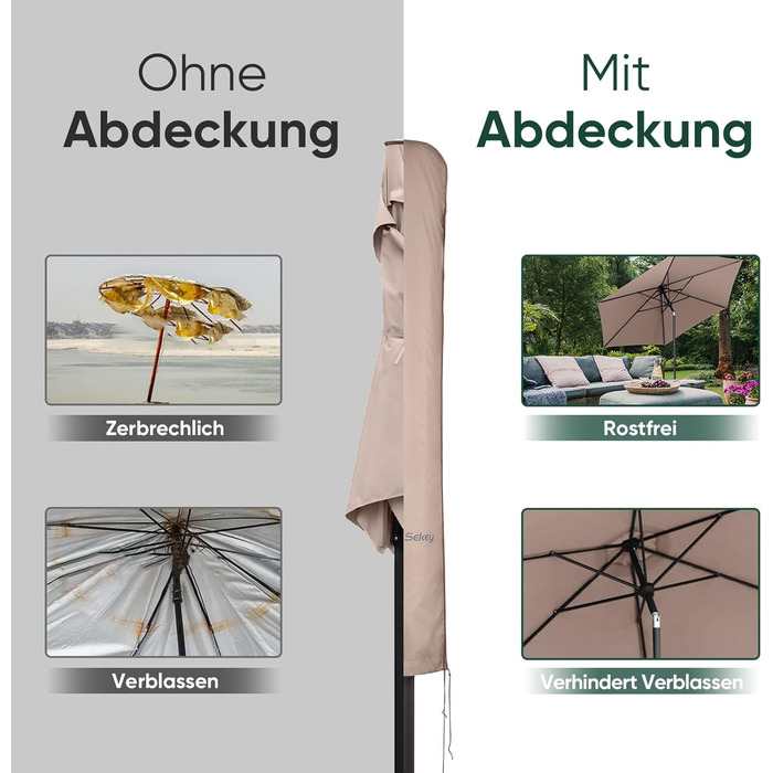 Чохол для парасольки 300 см Sekey Premium | Водонепроникний, UV 50+, з монтажним стрижнем та блискавкою, 175x30,5/36,5 см, Бежевий