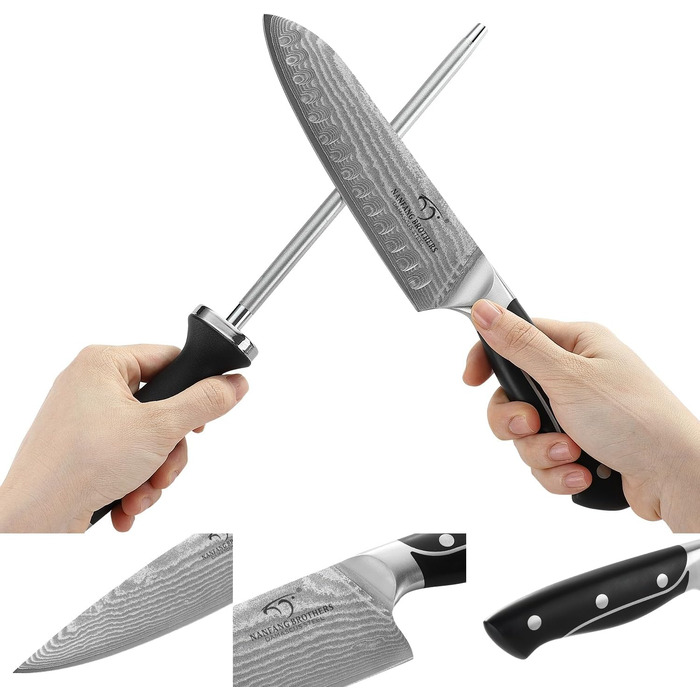 Набір кухонних ножів NANFANG BROTHERS 9 штук з дамаської сталі з дерев'яним блоком, професійний кухонний набір, VG10 сталь, преміум якість