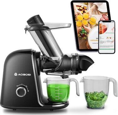 Електричний соковитискач AOBOSI Slow Juicer з 2 швидкостями - для овочів та фруктів, з 8-ступеневою шнековою системою, щіткою для очищення та 2 чашами, функція реверсу