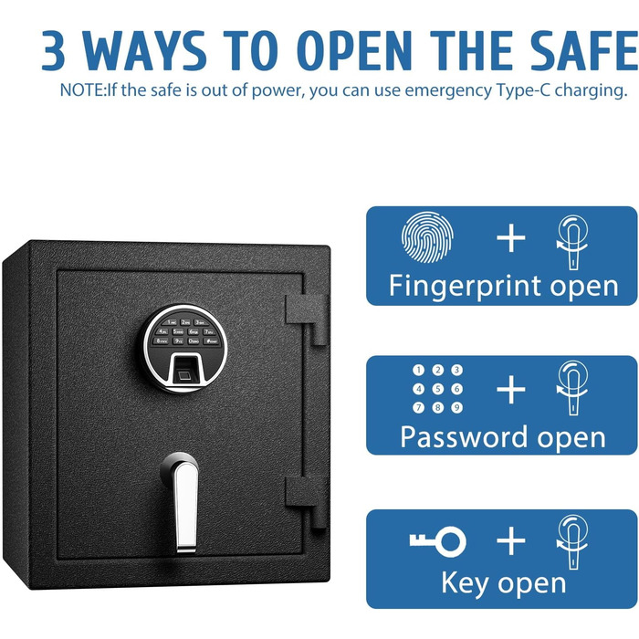 WASJOYE Вогнетривний сейф з біометричним замком, сейф для дому, офісу, готелю з цифровою клавіатурою та зарядкою Type-C (28L)