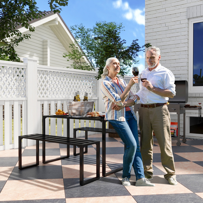 Набір садових меблів на 4 особи: 1 стіл та 2 лавки, метал, чорний колір