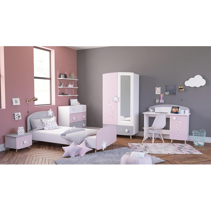 Дитяча шафа Möbelando Prinzessin з дзеркалом та зірками, 2 дверцята, 1 ящик, 2 перекладини, масивні ніжки - 89x185x50 см (Ш/В/Г), Рожево-біло-сірий
