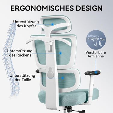 Ергономічне офісне крісло DoChair з вішалкою, 3D підголівником, регульоване по висоті, світло-блакитний