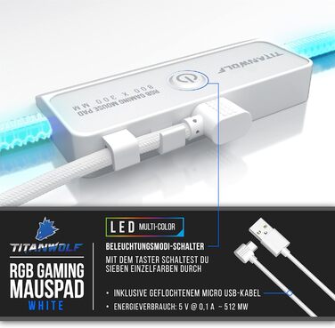 Кисмет TITANWOLF XXXL RGB килимок для миші – 1200 x 600 мм, LED, 7 кольорів, 4 режими, для геймінгу, гумовий, миється (білий)