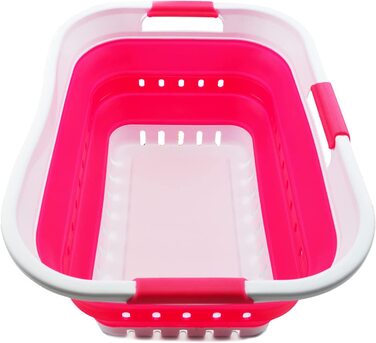Складна Пластикова корзина для білизни SAMMART 30L з 3 ручками-складаний спливаючий контейнер для зберігання / Органайзер-портативний піддон для прання-компактна корзина /кошик (Біла / рожево-рожева)