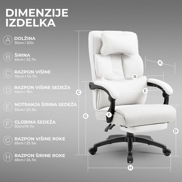 Крісло для керівників Dowinx Офісне крісло ергономічне з підставкою для ніг і м'яким підлокітником, ергономічне офісне крісло тканина, обертове крісло Комп'ютерне крісло з високою спинкою, офісне крісло з регулюванням висоти 150 кг Бежевий (білий)