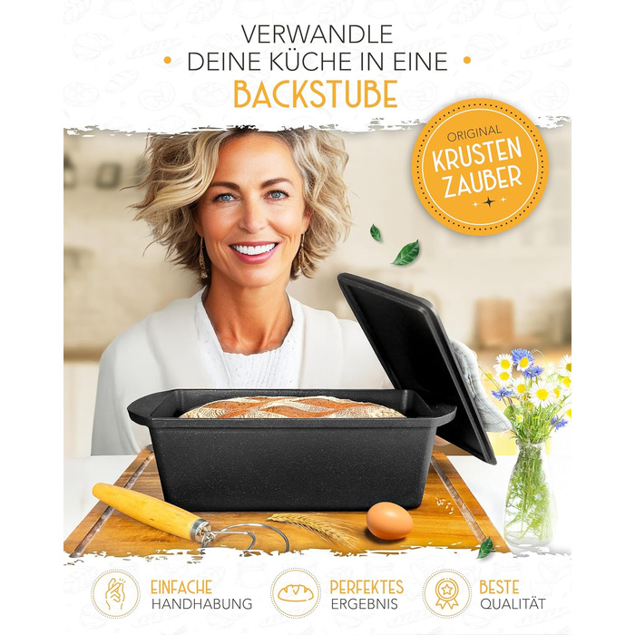 Форма для випікання хліба з чавуну з кришкою Krustenzauber - міцна прямокутна 28 см, ідеальна для хліба, тостів, випікання в чавунному горщику