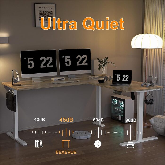Електричний кутовий стіл BEXEVUE з регулюванням висоти 160x140 см, 3 режими пам'яті, антиколізійна технологія, ліворуч/праворуч, ергономічний комп'ютерний стіл, матеріал: акорн