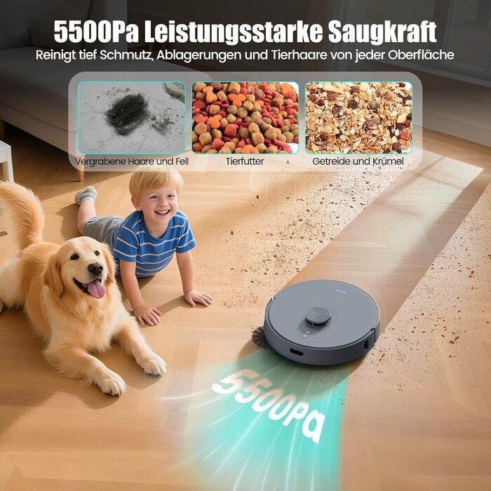 Робот-пилосос AIRROBO T25+ з вологою, LiDAR, 5500Pa, 240хв, керування через додаток, для тварин, чорний