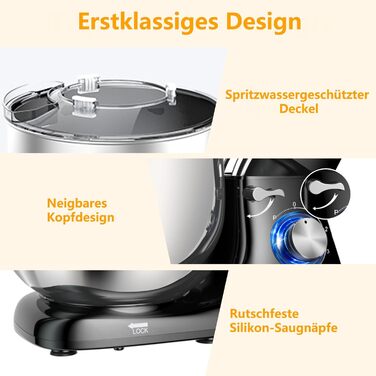 Кухонна машина AUMATE 1400W, 8 л, з міксером, гаком для тіста та вінчиком, 6 швидкостей, чорний колір