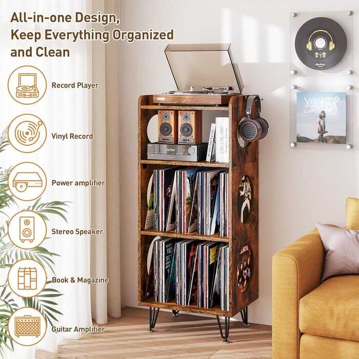 Стійка для програвача 4 яруси, вінтажний приліжний столик, полиця для програвача з місцем для зберігання платівок, дерев'яний стійкий для платівок, уміщує 300+ альбомів, для вітальні, спальні, офісу, коричневий