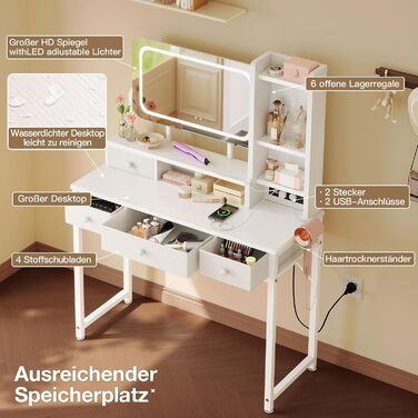 Трюмо ODK з регульованим LED-дзеркалом, туалетний столик з 4 висувними ящиками, USB-порт, білий колір, 100×40×140 см