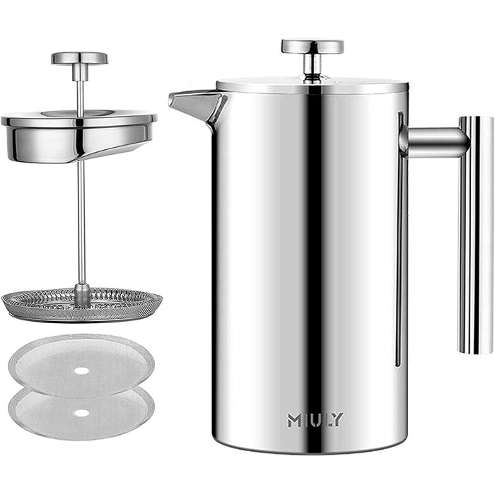 Френч-прес MaxMiuly для кави, 0,35 л, нержавіюча сталь, з подвійними стінками, 2 сита, сріблястий
