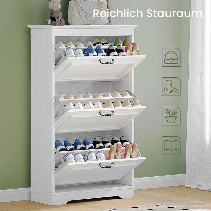 Шкаф для взуття Brinlawb з 3 дверцятами, білий. Комод для взуття, полиця для взуття з регульованими перегородками, для 14-18 пар. Дерев'яний шкаф для вхідної зони, коридору, вітальні.