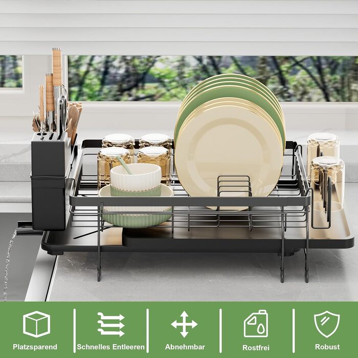 Сушарка для посуду ROTTOGOON розширювана, чорна: складана стійка з нержавіючої сталі, зливний жолоб та відділення для столових приборів