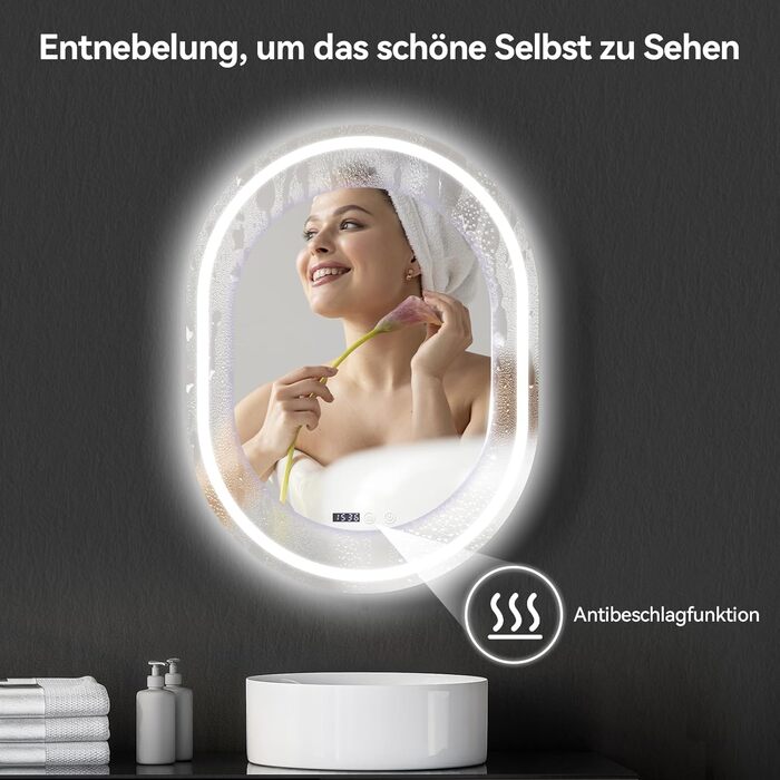 Дзеркало для ванної кімнати YOURLITE з підсвічуванням, кругле, 60 см, LED, 3 кольори, диммування, сенсорне управління, антизапар, пам'ять, IP44, овальне