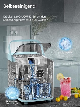 Льодогенератор FOHERE 14 кг/24 год, швидке виробництво льоду (5 хв), 2 розміри кулеподібного льоду, самоочищення, з ручкою, лопаткою та кошиком, для дому, офісу, вечірок (BabyBlue)