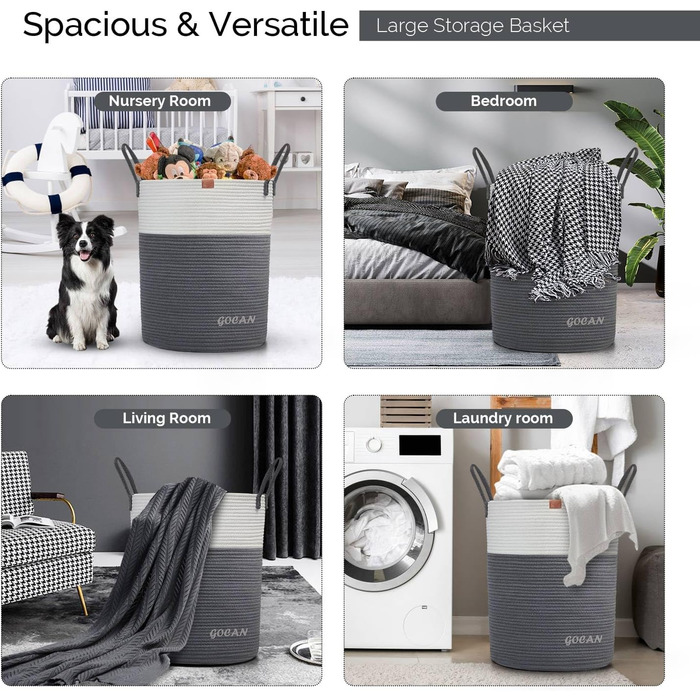 Великий міцний кошик для білизни з плетіння, сірий/бежевий (D38H50cm)