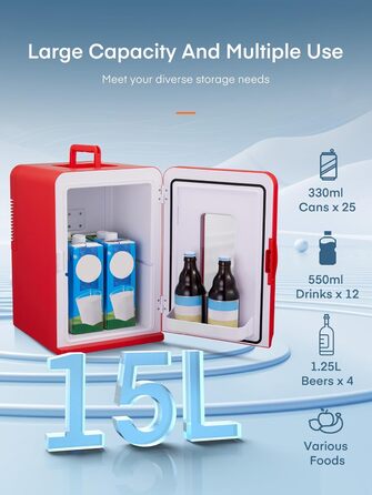 Mini холодильник FOHERE 15L з функцією охолодження та обігріву, для дому, офісу та авто, червоний