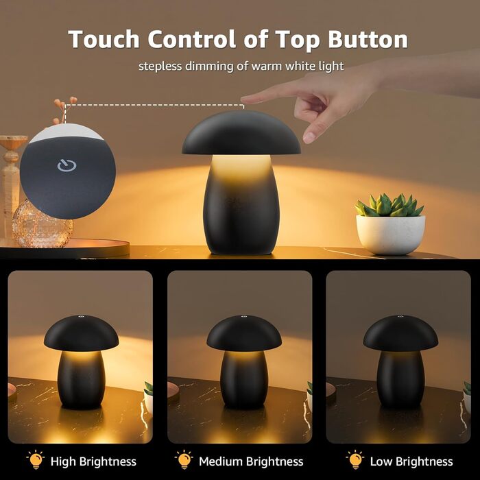 FUYO Pilz Lampe Kabellos: Бездротова лампа-гриб з торшером, сенсорне керування, регулювання яскравості та функція пам'яті, сучасний дизайн для спальні, вітальні та кемпінгу, елегантний чорний колір