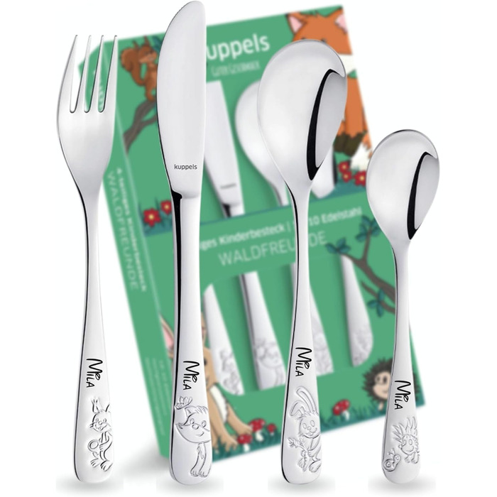 Дитячий столовий прилад Kuppels з гравіюванням імені – набір столових приладів для дітей від 3 років, 4-частинний, нержавіюча сталь, придатний для миття в посудомийній машині – персоналізований хрещення для дівчаток та хлопчиків, друзі лісу