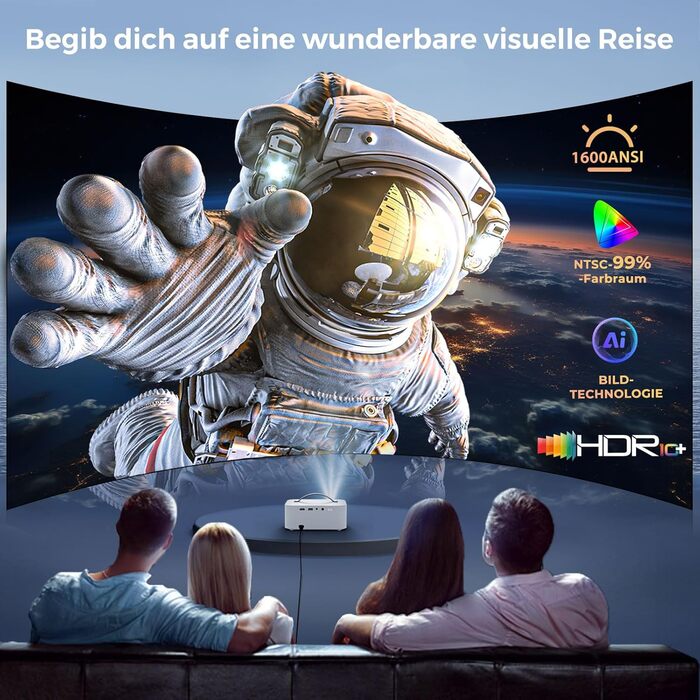 Портативний проєктор Beamer 4K з Dolby Audio, HDR10, WiFi6, Bluetooth 5.4, Auto Fokus, для домашнього кіно та перегляду спортивних подій, білий