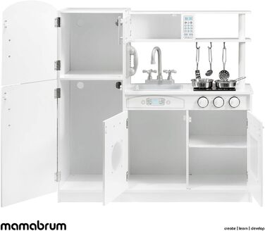 Дитяча дерев'яна кухня Mamabrum з LED-підсвічуванням. Регульована висота, набір з аксесуарами (крижанка, мікрохвильова піч, плита, посудомийна машина). Іграшка для дітей від 3 років (кухня для хлопчиків та дівчаток, білий колір)