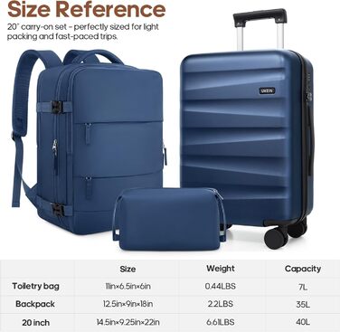 Набір валіз та рюкзака, полікарбонат, ручна валіза, набір з 3 шт (20 дюймів), з TSA-замком, для авіаперельотів (Блакитний)