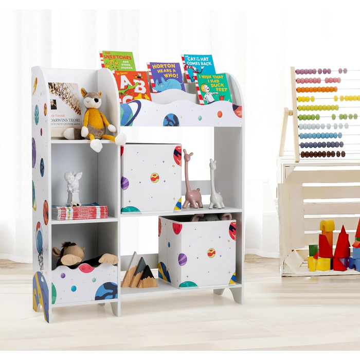 Дитяча полиця SOARS, органайзер для іграшок з 2 ящиками для зберігання, 5 відділеннями та 2 відкритими полицями, полиця для іграшок, книжкова шафа, полиця біла дитяча, спальня (космонавт)