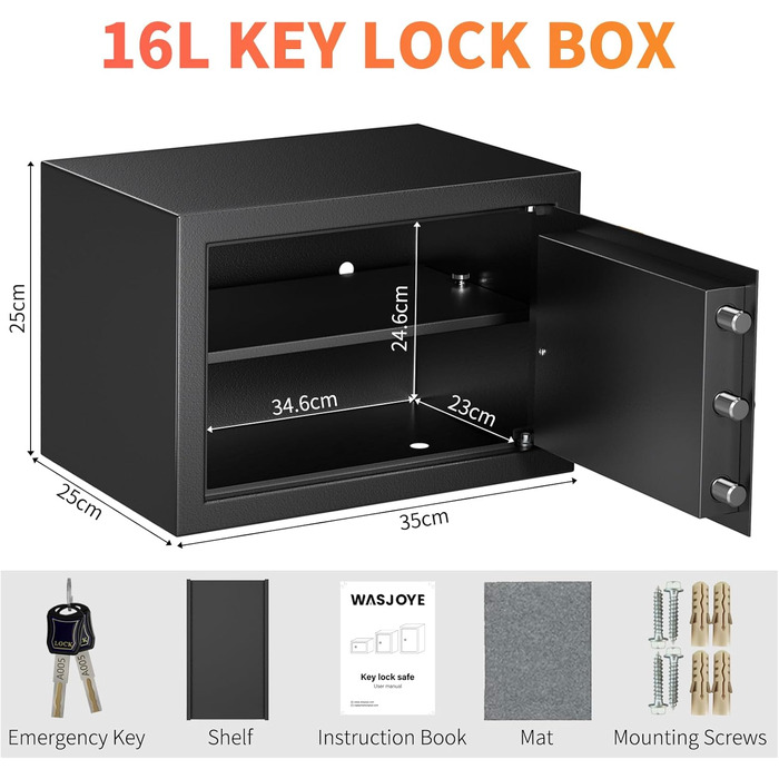 Сейф Safe Tresor з ключем WASJOYE для дому/офісу, великий настінний сейф з 2 ключами для грошей, прикрас, ліків та документів (45*35*31см, 19л)