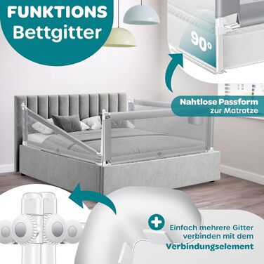 Захисний бортик для ліжка KESSER 150 см: сітчастий бортик-перегородка для дитячого ліжка, складаний, регульований по висоті, сірий