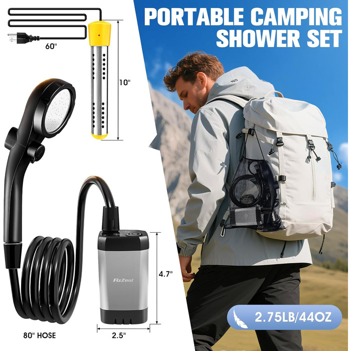 Портативна душова кабіна з підігрівом, 6000 mAh, акумуляторна, для кемпінгу, 2000 В, 4 режими розпилення, LED-дисплей, портативна помпа, для відпочинку на природі