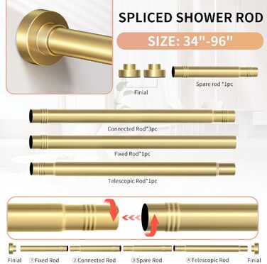 Штанга для душу, регульована, нержавіюча сталь, 86-167 см, без свердління, для ванної кімнати (золота, 86-244 см)