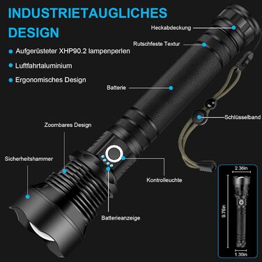 Акумуляторний світлодіодний ліхтар Glarylight 500000 люмен, XHP90.2, IPX7, 5 режимів, надзвичайно яскравий для кемпінгу