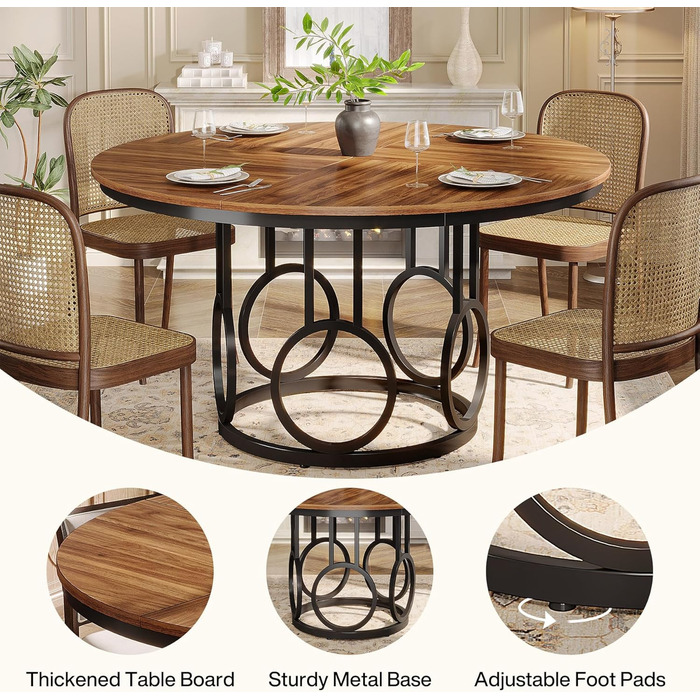 Круглий обідній стіл Tribesigns Runder, 119 см, дерев'яний кухонний стіл з металевим каркасом на 4-6 осіб, великий круглий стіл для вітальні, кухні, їдальні (колір: коричневий & чорний), лише стіл