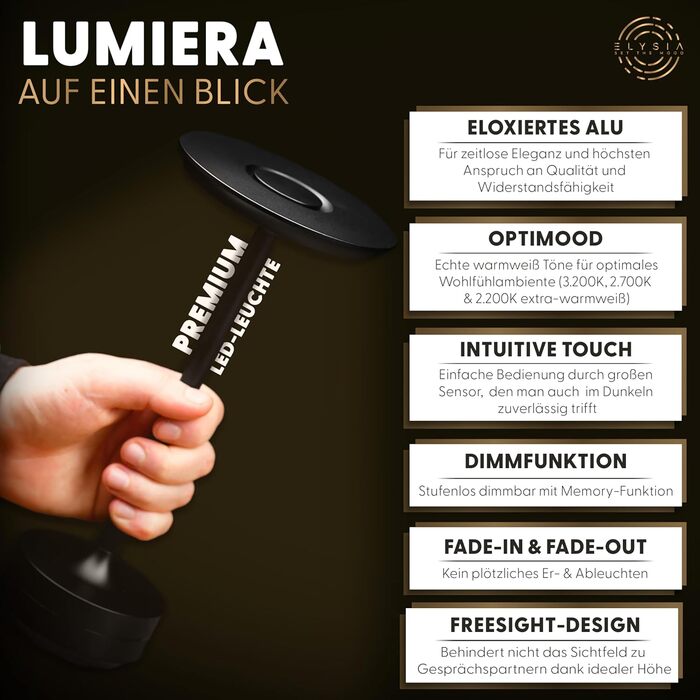 LED-лампа ELYSIA на акумуляторі, торшероподібна, диммування, бездротова, сенсорна панель, для внутрішнього та зовнішнього використання [IP54], тепле світло [2200K-2700K-3200K], USB-C, перезарядна, алюміній, чорна