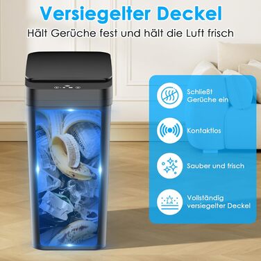 Набір з 2 автоматичних сміттєвих баків з датчиком, 12л, сенсорний кришка, 3 режими роботи, тихий, водонепроникний, інтелектуальний контейнер для сміття, для кухні, офісу, вітальні, ванної кімнати (2 шт. чорний)