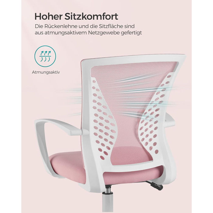 Ергономічне офісне крісло SONGMICS для комп'ютера, сітчасте стілець для робочого столу з функцією гойдання, регулюванням висоти, пастельно-рожеве, до 120 кг, OBN022GD01
