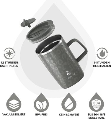 Кавова чашка Ideus® 470 мл з подвійними стінками, з нержавіючої сталі, з антиковзним ручками та кришкою-висувним модулем (Червоний Зебра, Leopard Gray)