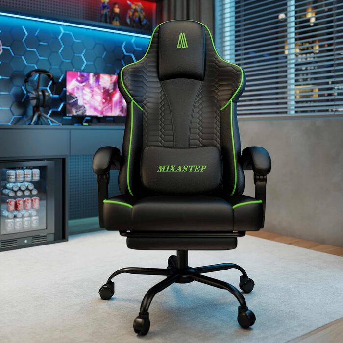 Ергономічне геймерське крісло з підніжкою, Racing-модель, регульована підголовник та поперекова підтримка, для дому та геймінгу, білий (зелений)