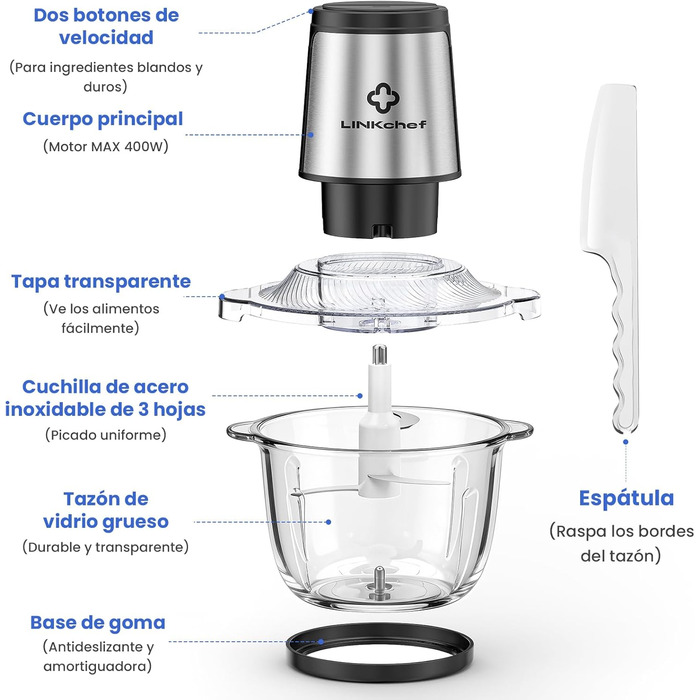 Подрібнювач LINKChef електричний 1.5л, скляна чаша, сталеві ножі, 2 швидкості, для м'яса, фруктів, овочів та дитячого харчування, сріблястий