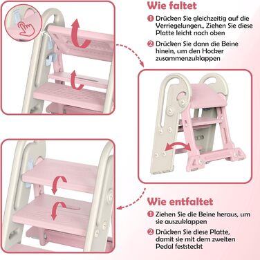 Дитячий підсходильник Onasti Tritthocker, регульована висота, 3 сходинки, з ручками, складний, анти-ковзний, для кухні, ванної кімнати, умивальника та туалету (Сірий) Сіро-білий (Рожевий)