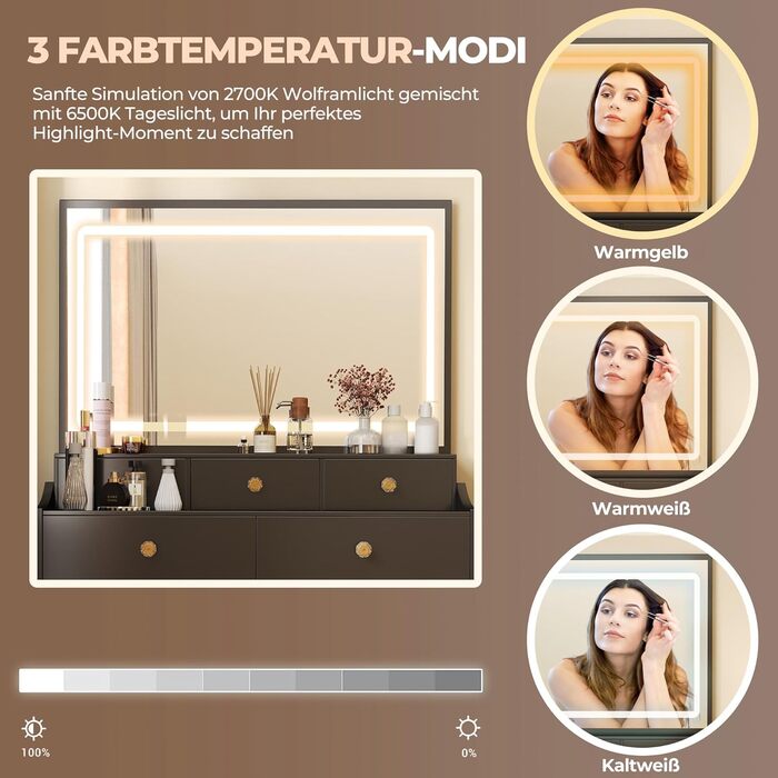 Трюмо COMHOMA з підсвічуванням, дзеркалом та прихованою LED-смугою, зі стільцем та 5 висувними ящиками, з розеткою, 3 колірні температури та регульована яскравість, білий (чорний)