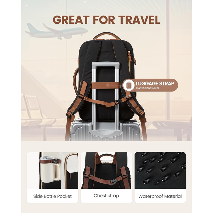 Рюкзак для подорожей LOVEVOOK 40L для жінок, ручна поклажа, рюкзак для авіаперельотів, сумка-рюкзак для бізнесу, школи, вихідних, бежевий хакі (17 дюймів, 40L, чорний+бежевий+коричневий)