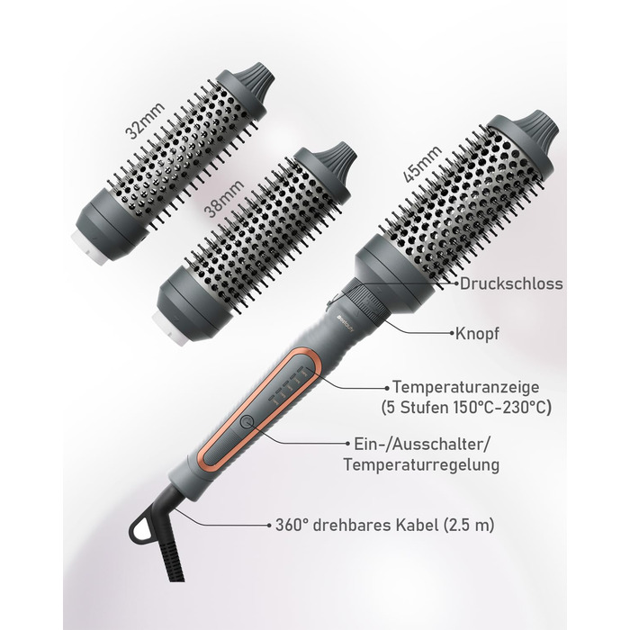 Термощітка Bestauty 3 в 1 щітка для завивки, гребінець для об'єму, випрямляч 150-230C, подвійний натяг, сірий