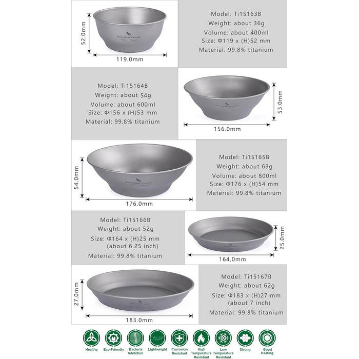 Безмежна дорожня титанова пластина Тарілка Посуд для кемпінгу на відкритому повітрі Відкрита чаша Титановий посуд та інструменти Туристичний рюкзак Вимірювальний набір (Ti15167A-U)