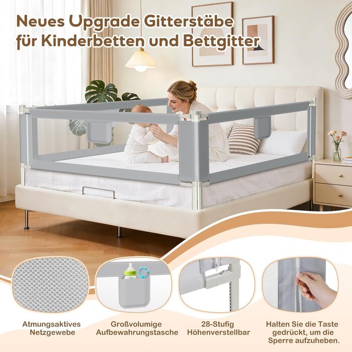 Захисний бортик для ліжка дитячий Ikodm 2x200 см + 1x180 см, регульована висота 64-96 см, сірий