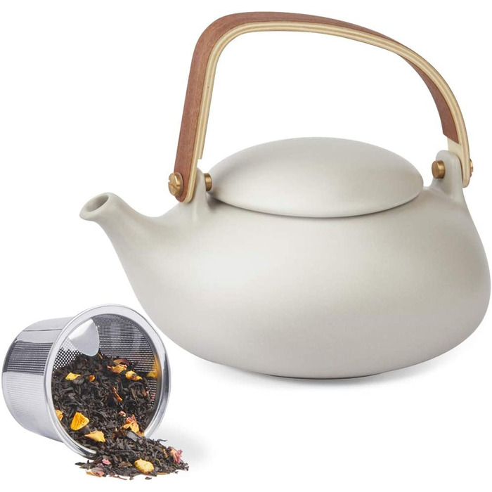 Чайний сервіз ZENS, фарфор з ситечком, матовий японський чайник з дерев'яною ручкою об'ємом 800 мл, керамічний білий з 4 чашками і ротанговою підставкою для розсипного чаю, подарунок (02-сірий чайник)